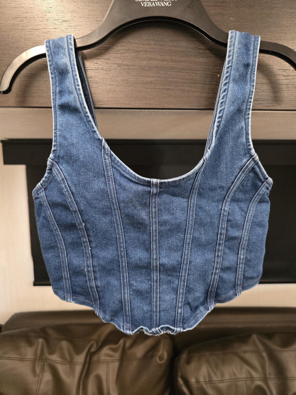 Blue Denim Corset Crop Top with Structured Seams